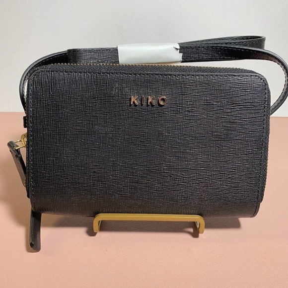 Kiko Handbags - KIKO Crossbody Bag‎ Black Saffiano Texture Gold Logo Zip Around OS